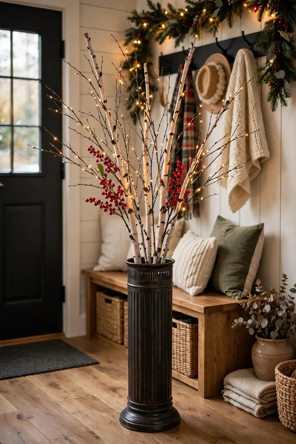 Umbrella stand as vase with lit birch branches and red berries Tall umbrella stand filled with lit birch branches and red berries, dramatic christmas entryway decor ideas