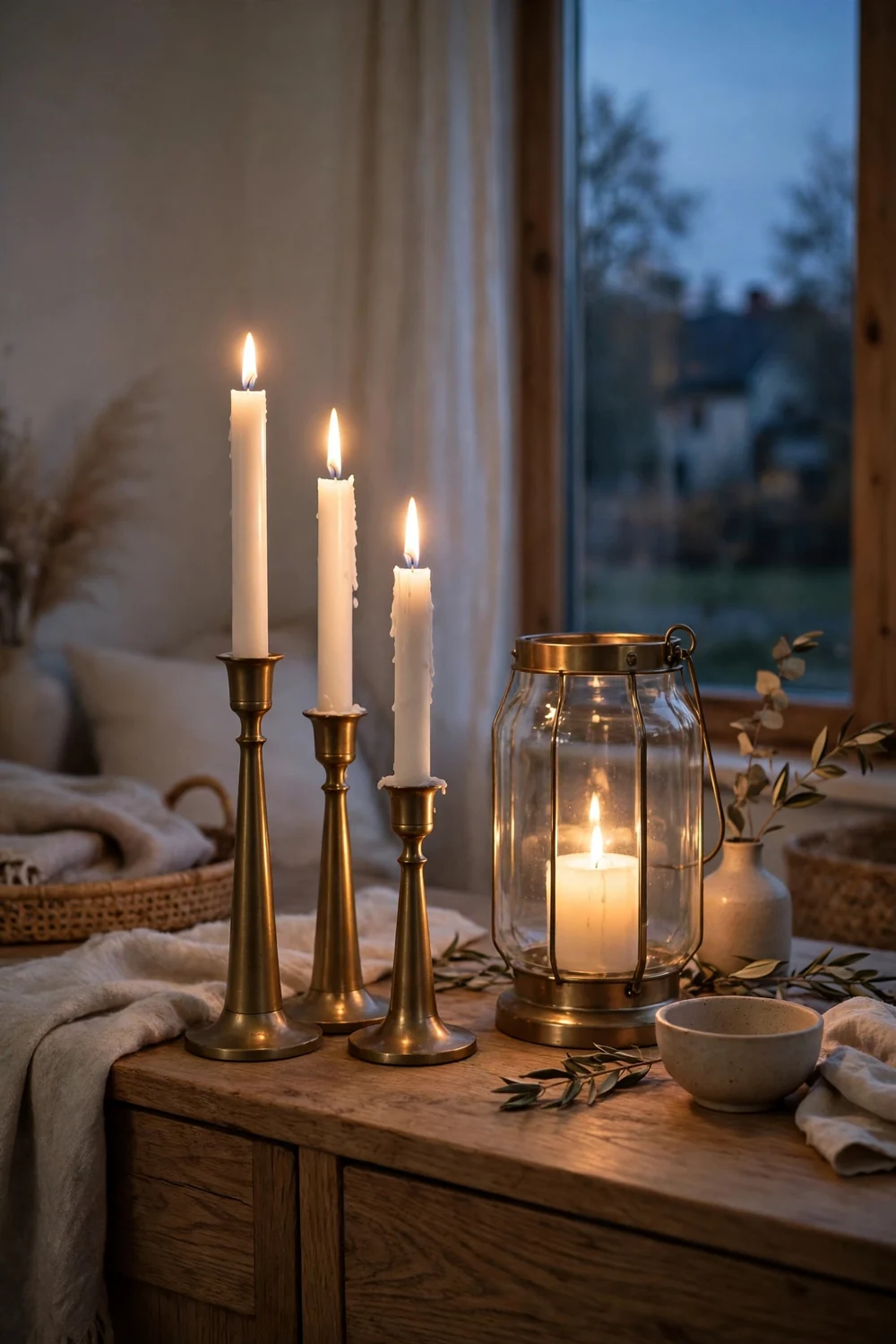 Hygge candlelight with brass candlesticks White candles in brass holders grouped on a sideboard for hygge candlelight