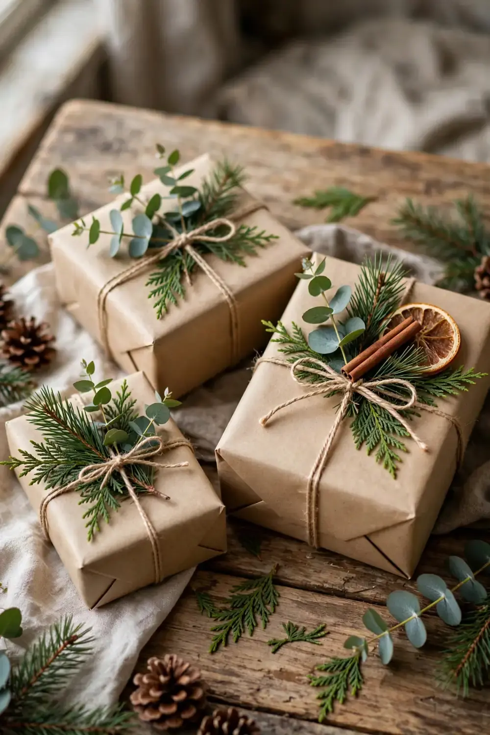 Kraft paper wrapped gifts with fresh cedar sprigs and twine, a natural christmas wrapping station idea