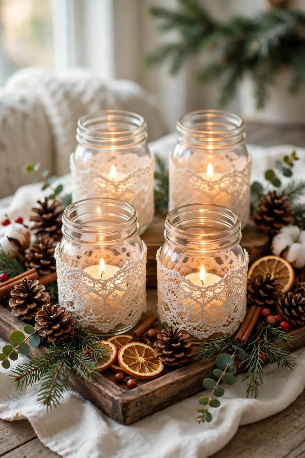 Mason jar candle holders wrapped in lace with glowing tea lights