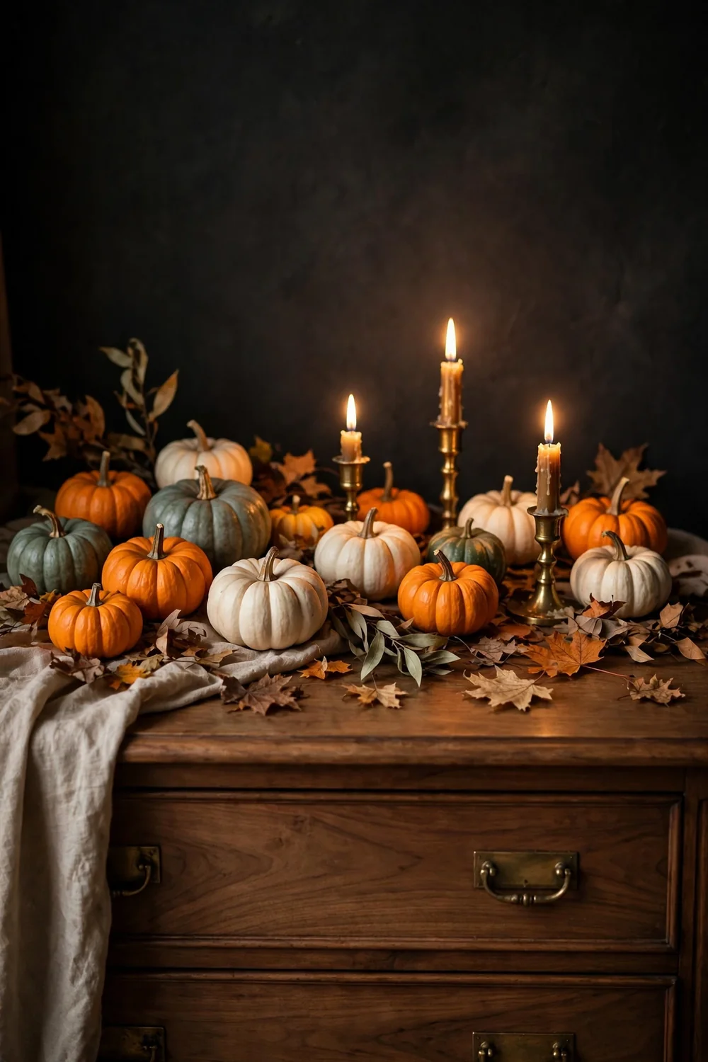 Mini pumpkin clusters styled on a bedroom dresser Mini pumpkin clusters on a dresser top, a classic halloween bedroom decor idea