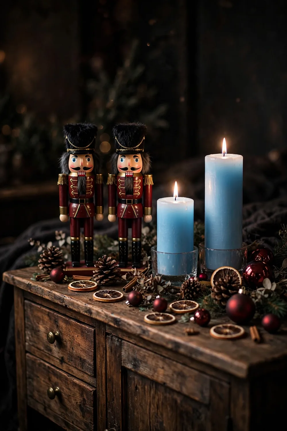 Nostalgic burgundy nutcracker display with sky blue candles Nutcracker figurines in burgundy coats beside sky blue pillar candles