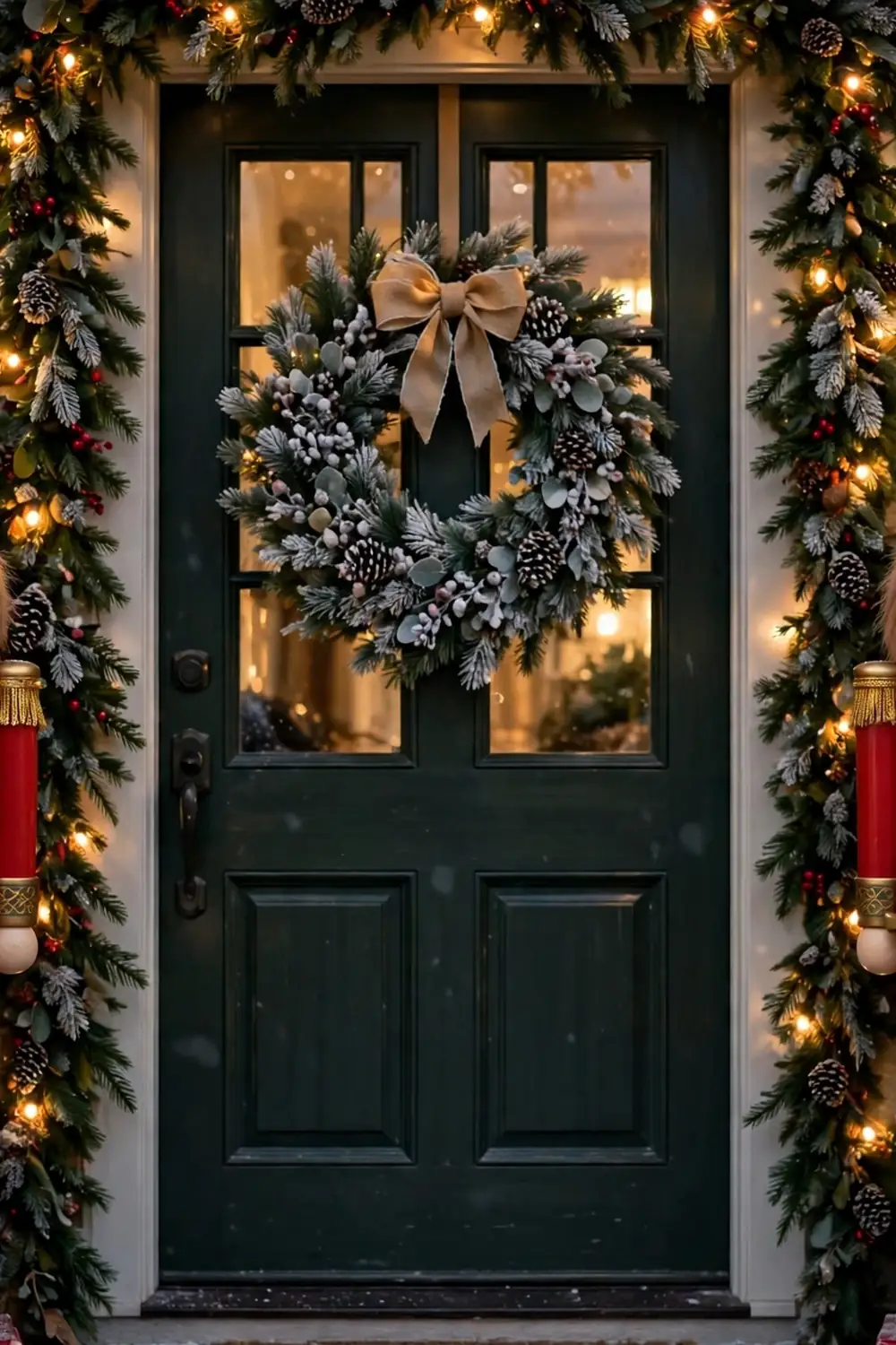 Nutcracker door guards flanking a christmas porch Nutcracker figures standing guard by the front door, a festive christmas porch decor idea with vintage holiday charm