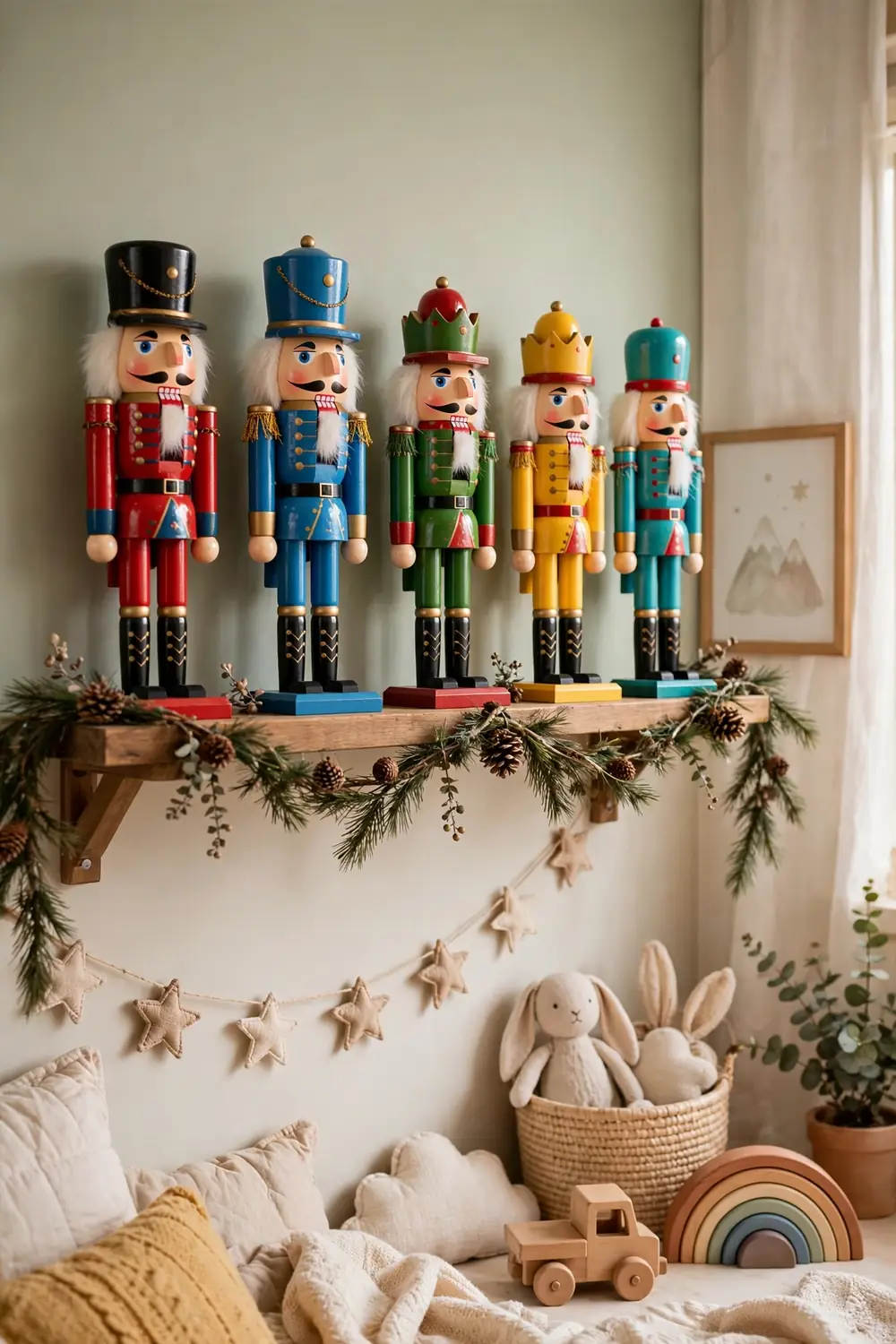 Nutcracker Display Shelf for a Kids Room Christmas kids room decor ideas with nutcracker figures displayed on a high bedroom shelf