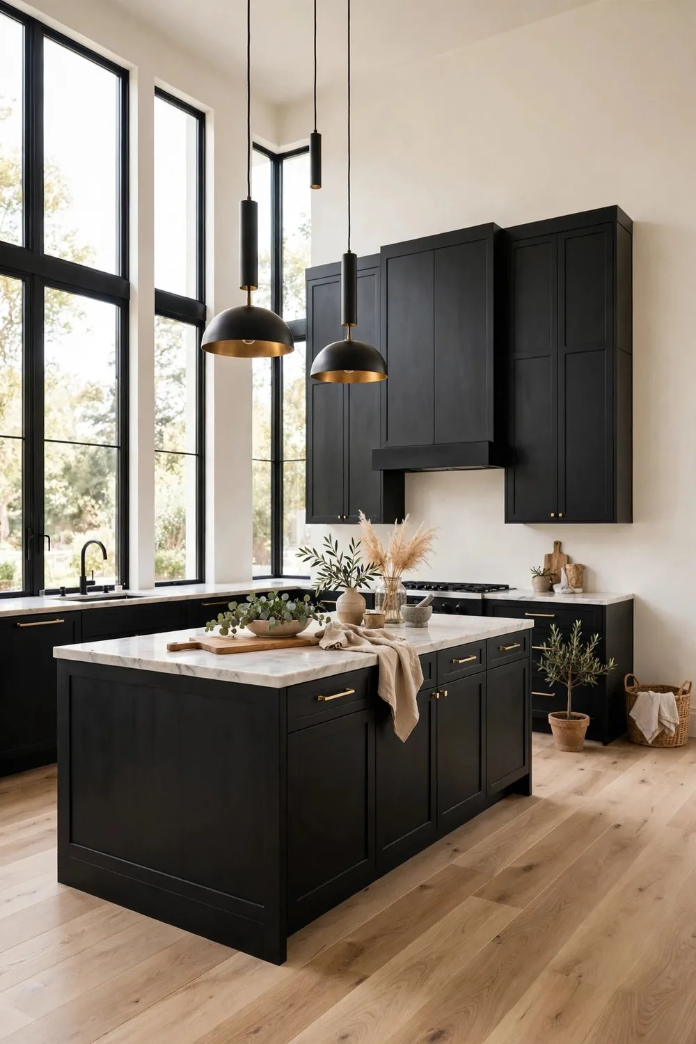 White oak and black kitchen ideas with oak plank floors and black cabinets