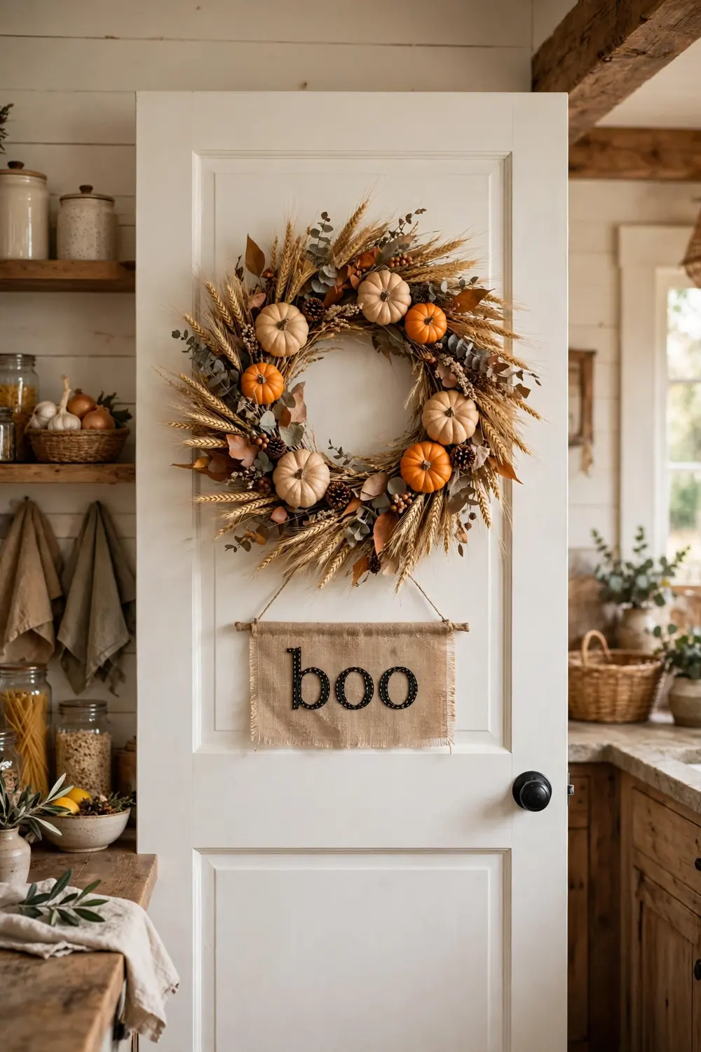 Halloween wreath and banner on a kitchen pantry door Pantry door decorated with a Halloween wreath and fabric boo banner