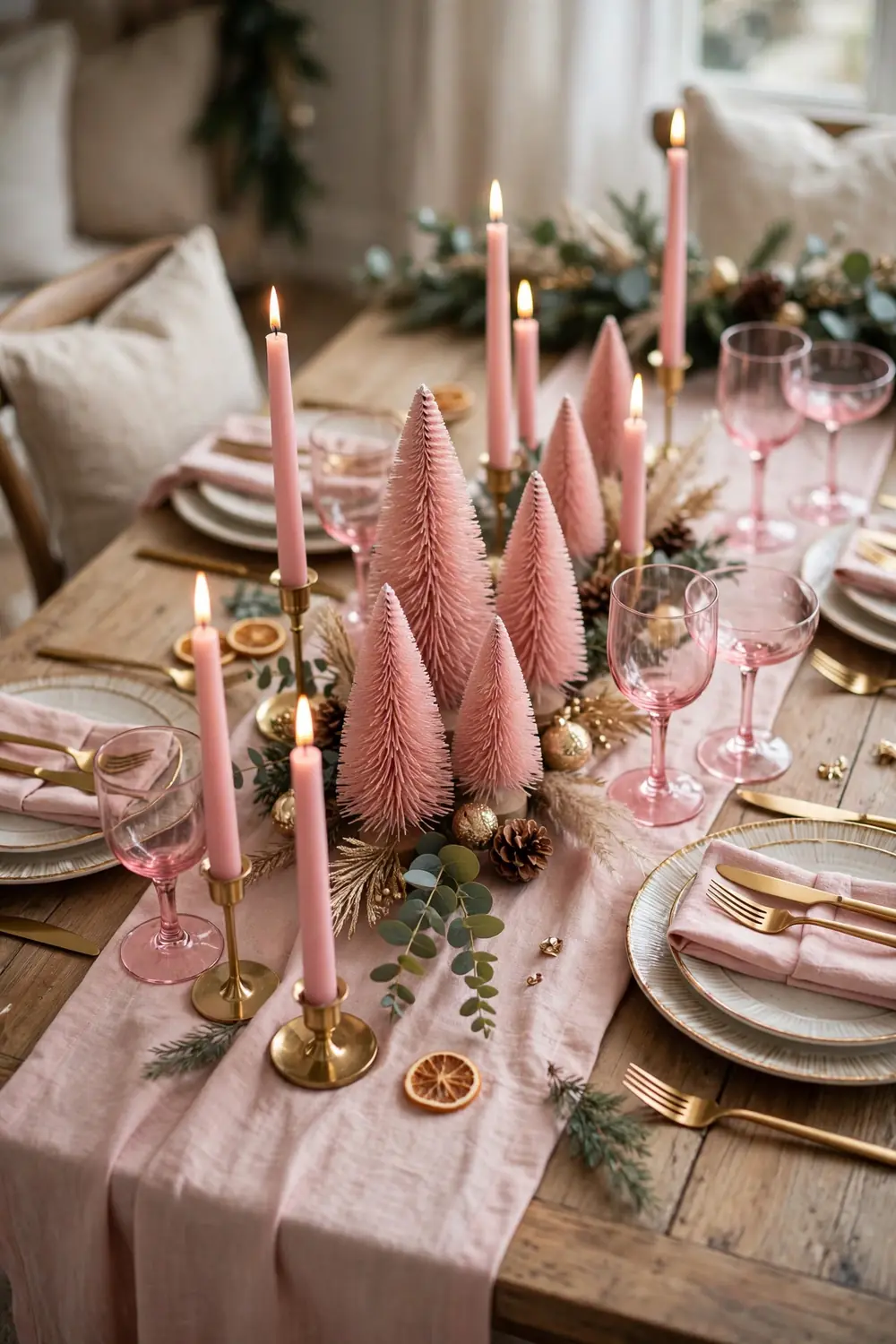 Elegant christmas dining table with pink runner, gold chargers and blush floral centerpiece