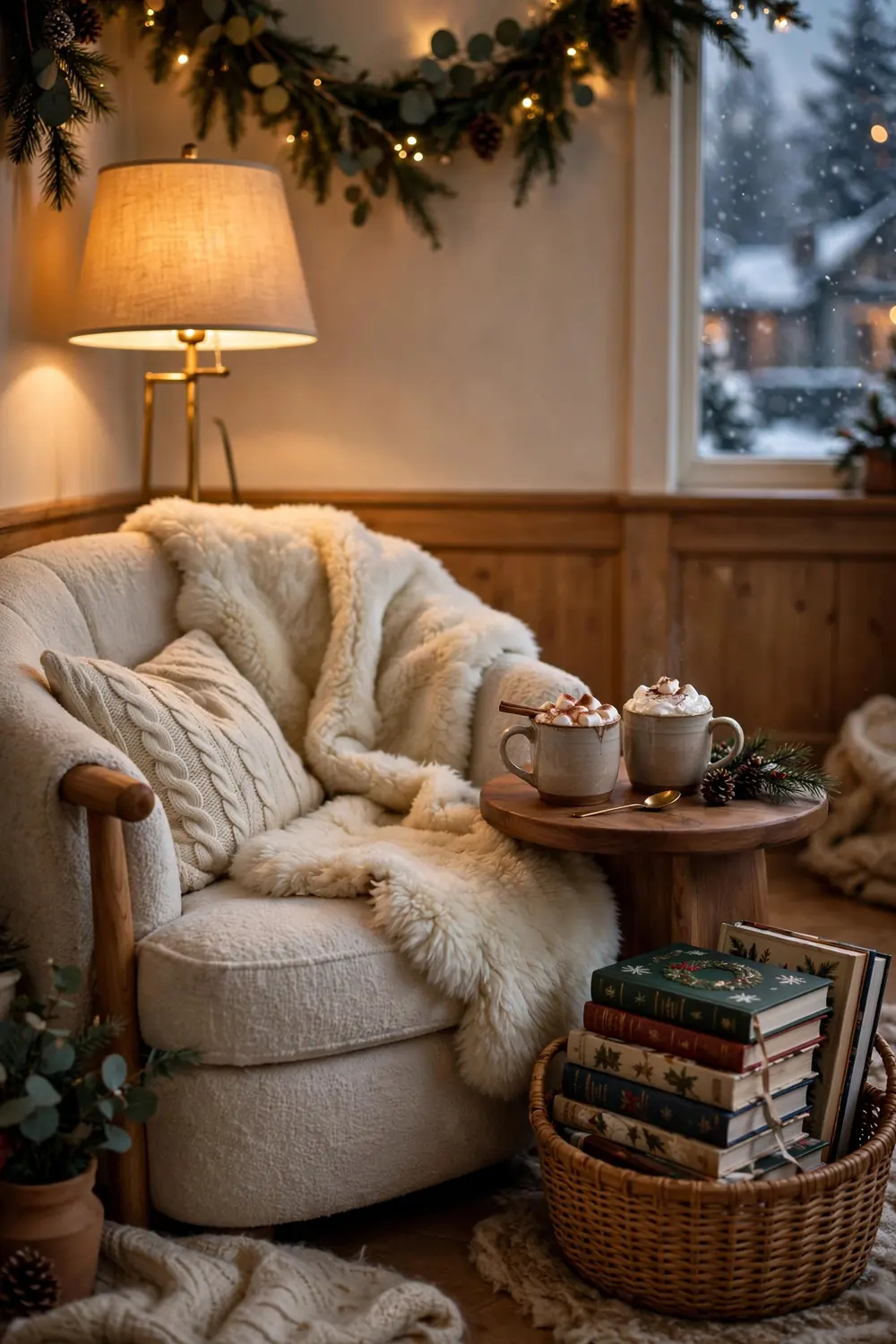 Cozy Christmas reading nook with armchair and cocoa