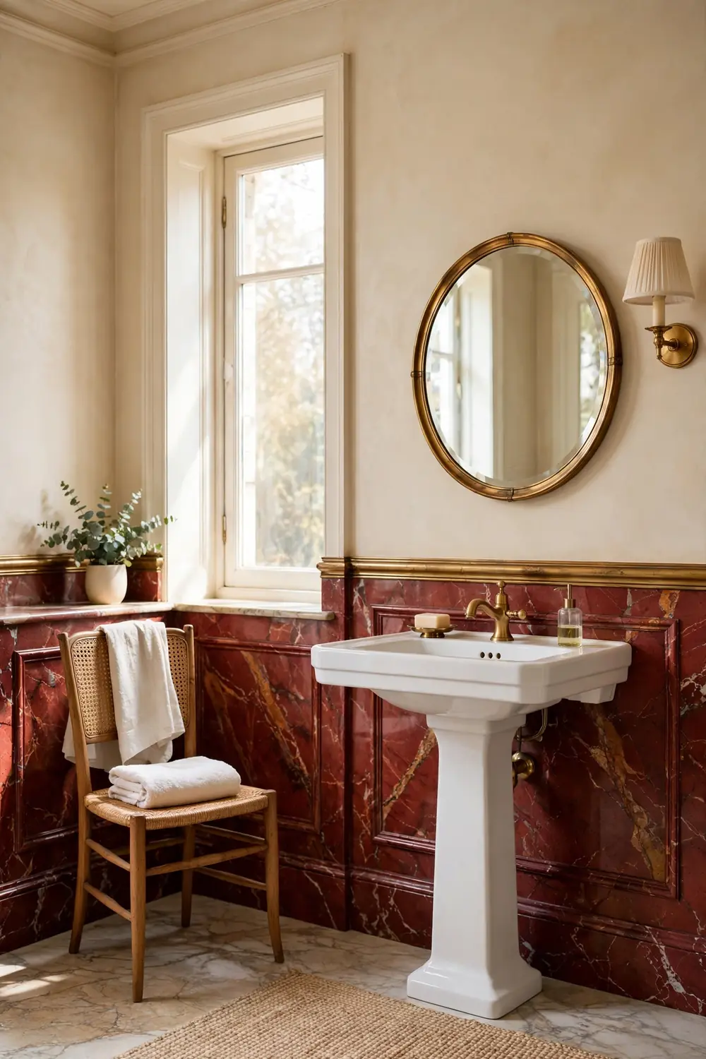 Red Marble Wainscoting With Soft Upper Walls Red marble bathroom wainscoting below warm plaster walls in an elegant bathroom