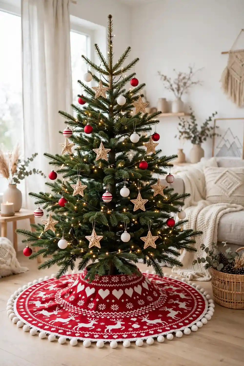 Scandinavian red and white Christmas tree skirt idea Scandinavian red and white Christmas tree skirt with folk heart patterns and pom pom trim