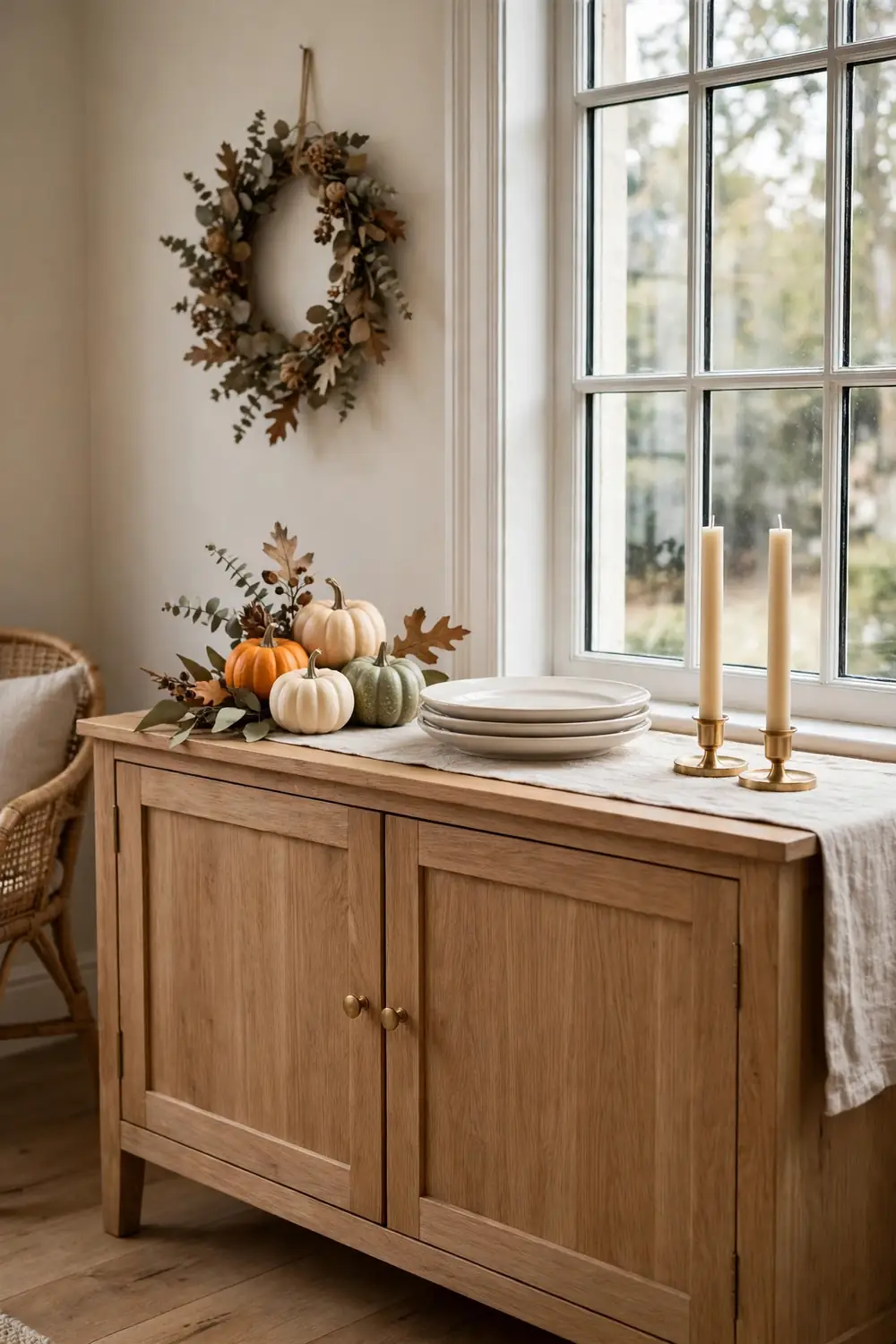 Cozy Sideboard Window Thanksgiving Dining Room Cozy sideboard and window styling for thanksgiving dining room decor ideas