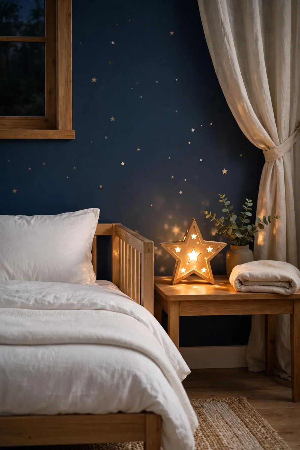 Star Nightlight Kids Room Glowing wooden star nightlight on a nightstand in a cozy kids bedroom — star motif Christmas decor