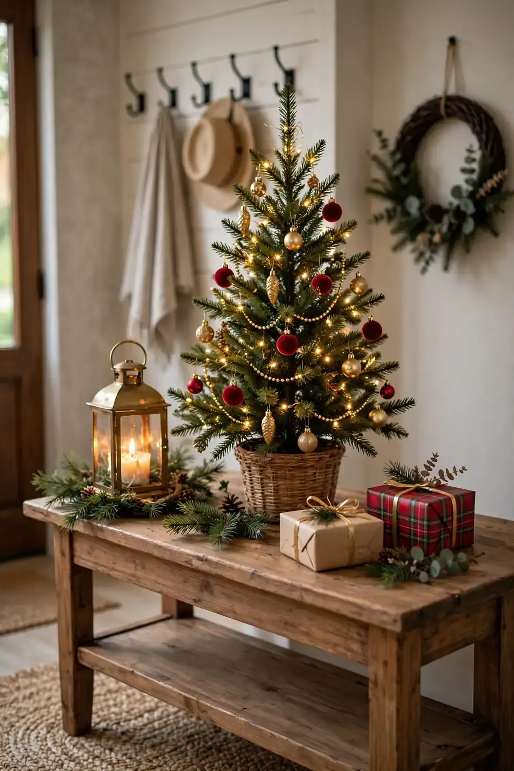 Small tabletop christmas tree styled as a holiday vignette with pinecones, a cozy christmas tree decor idea for tabletops