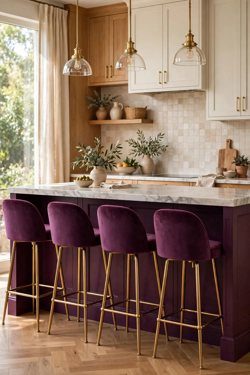 Plum velvet bar stools with brass legs at kitchen island