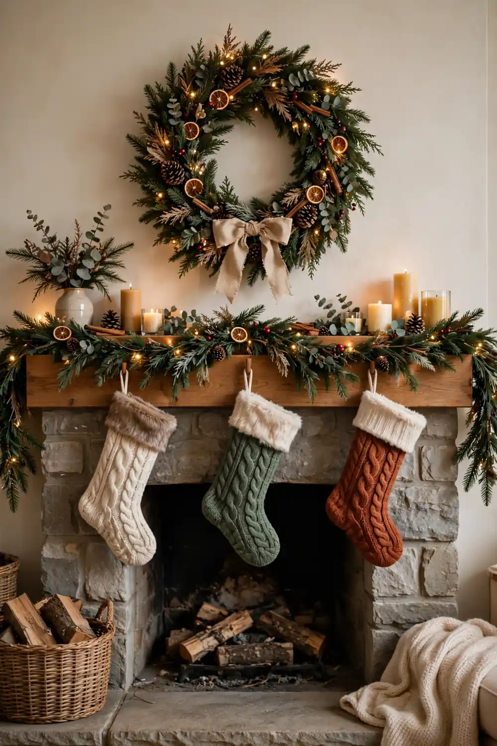 Christmas wreath ideas centered above a fireplace mantel with stockings and garland