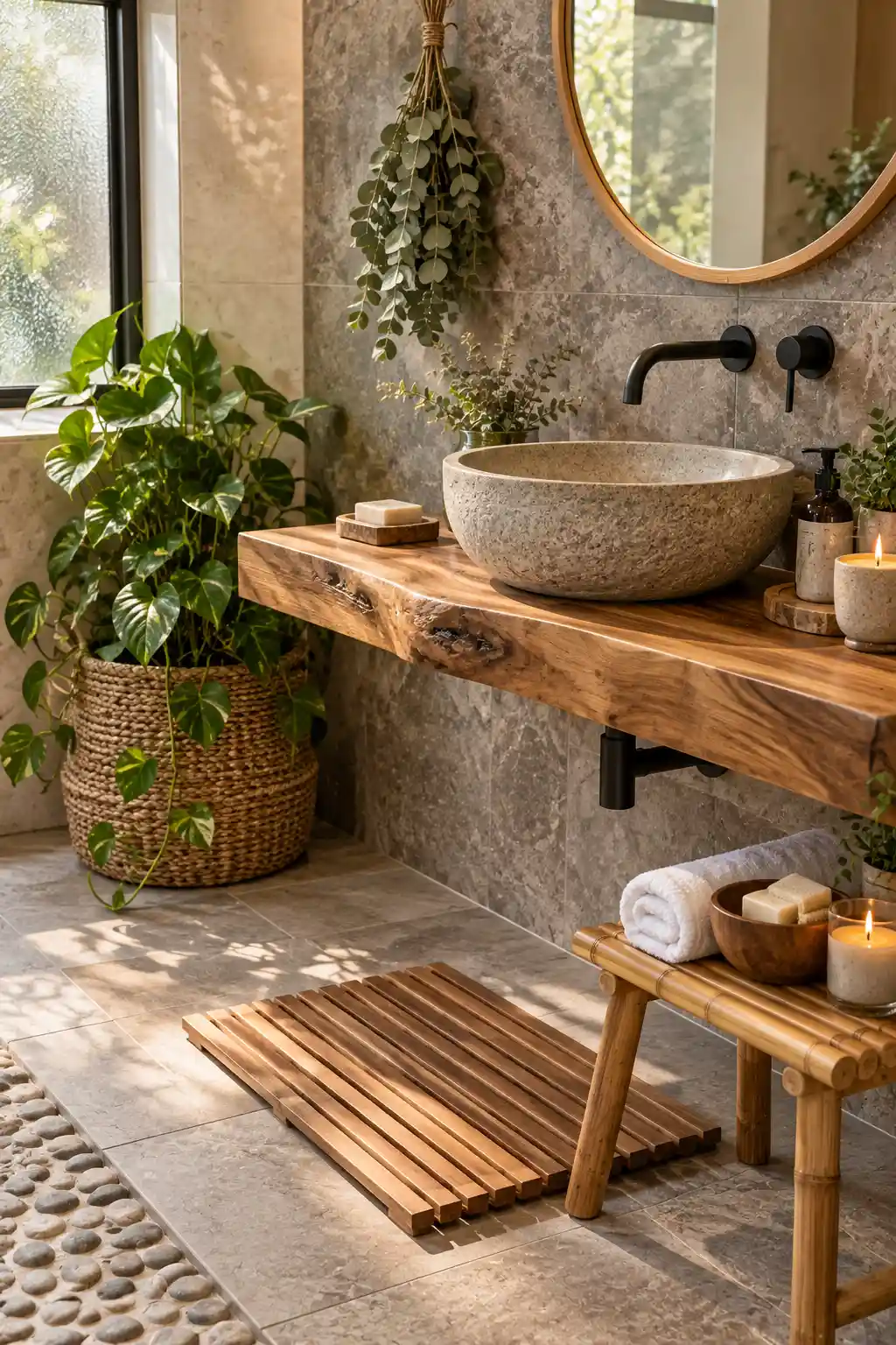 Calm spa-style bathroom featuring natural materials including teak, stone, woven textures, and humidity-loving plants.