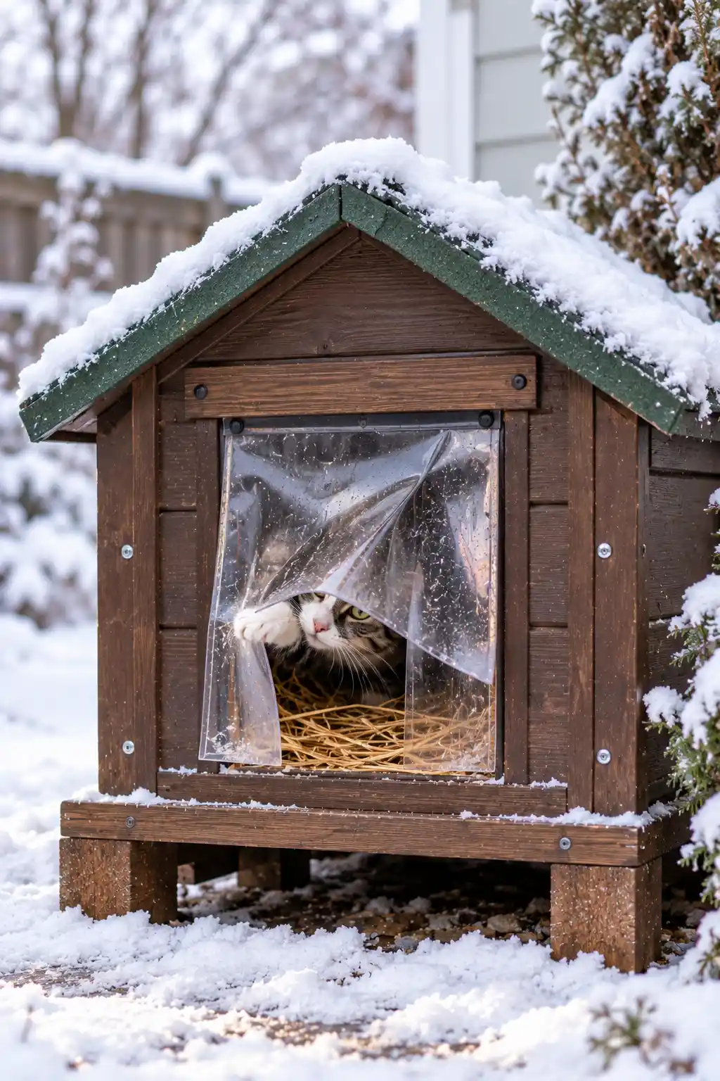 Outdoor cat shelter with a heavy vinyl flap door covering the entrance to block cold wind and snow.