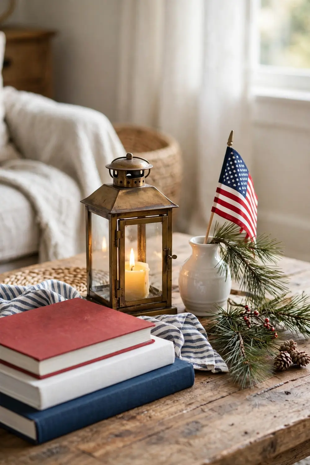 Americana Coffee Table Vignette Americana Christmas decor coffee table vignette with books, lantern and small flag
