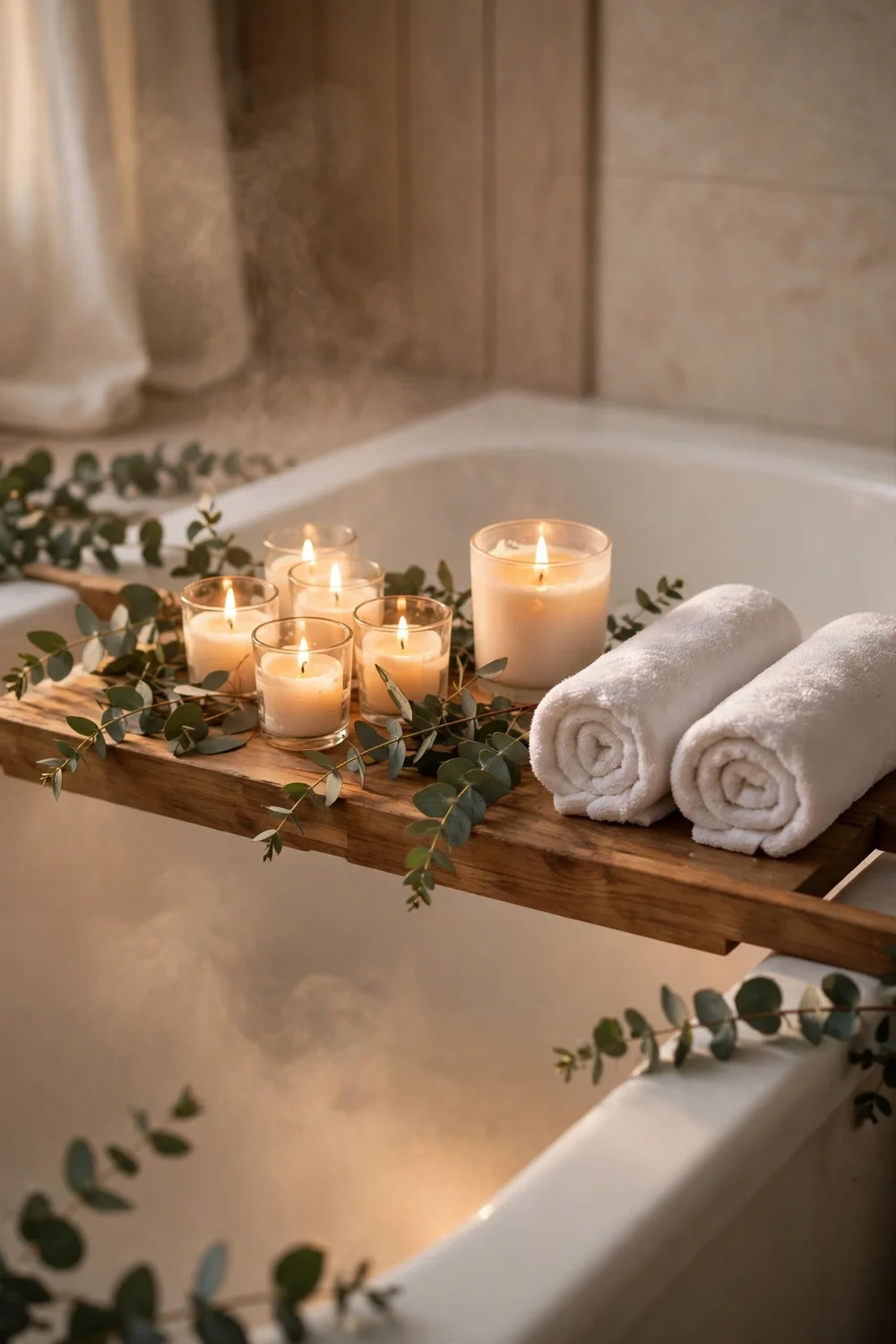 Candle grouping by a bathtub with eucalyptus, a relaxing christmas candle decor idea for the bathroom