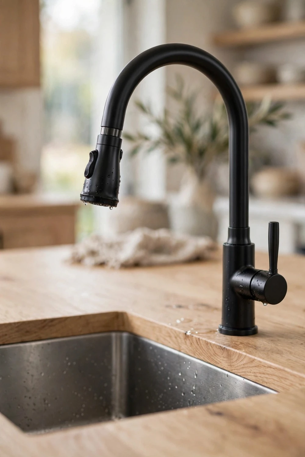 White oak and black kitchen with matte black faucet over oak island