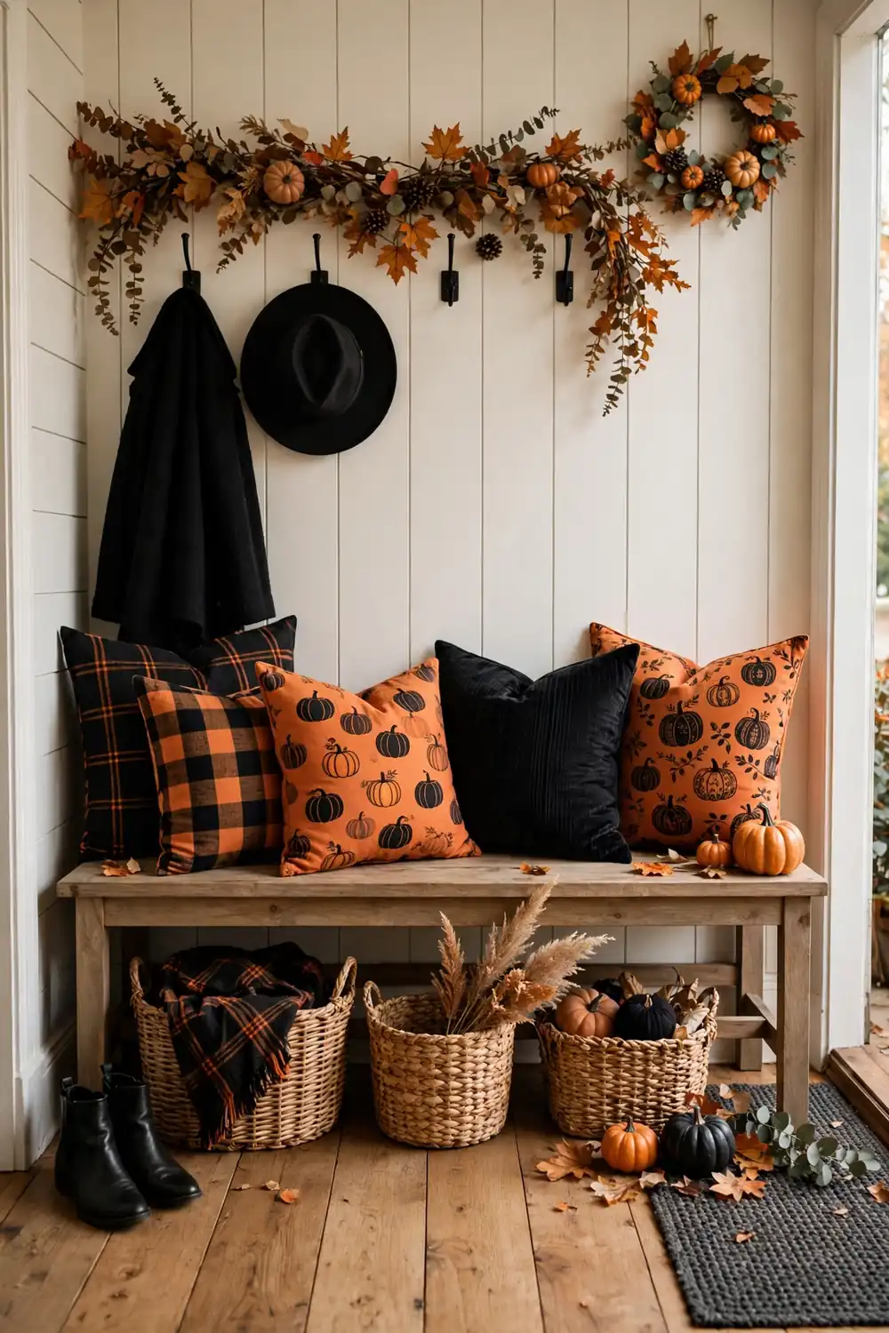 Black and orange bench pillows for halloween entryway decor ideas