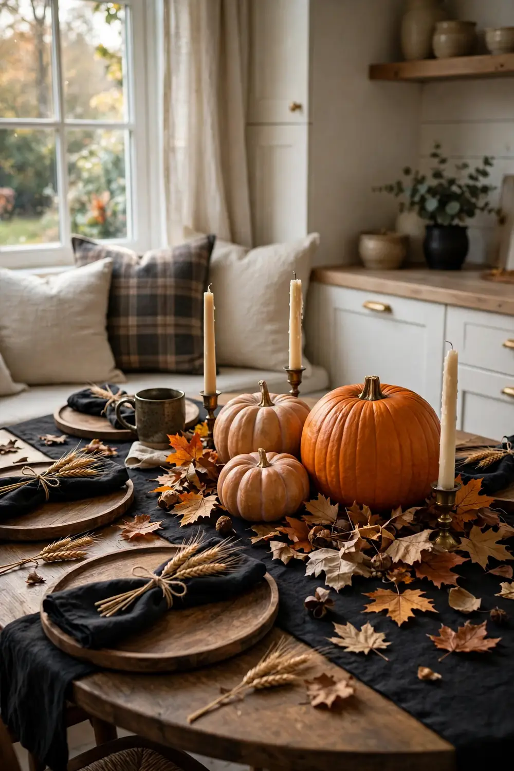 Spooky Halloween tablescape in a kitchen breakfast nook Breakfast nook tablescape for Halloween with dark runner, pumpkins, taper candles, and black napkins