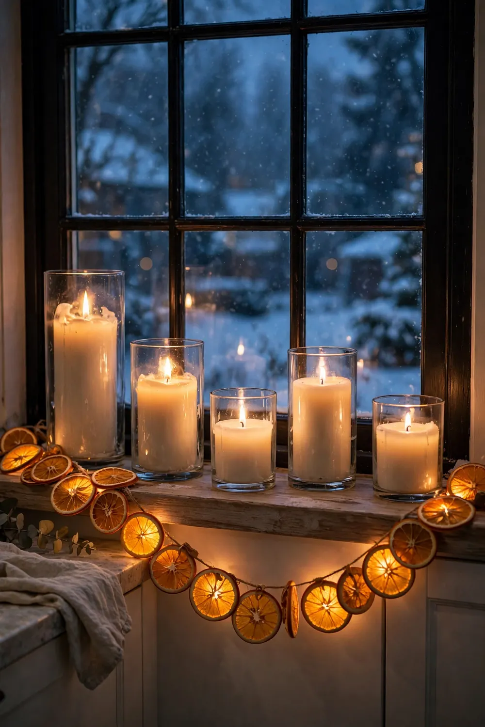 Candlelit kitchen windowsill with dried orange slice garland glowing at dusk, a warm christmas kitchen decor idea