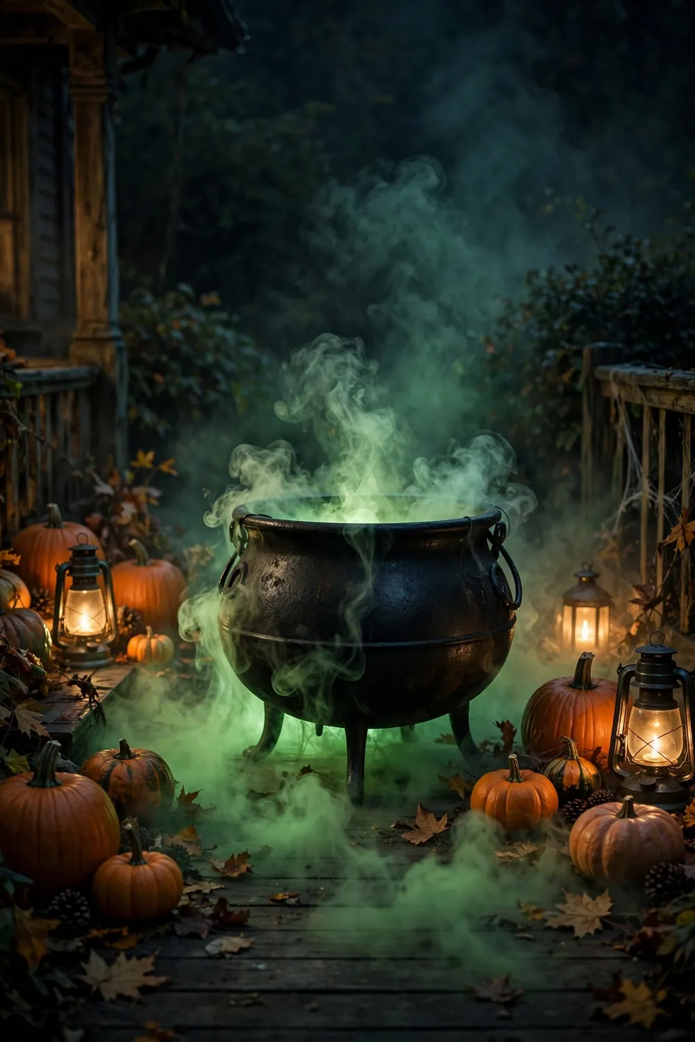 Witch Cauldron with Rolling Fog Halloween porch decor with a black witch cauldron and rolling fog glowing green on a porch