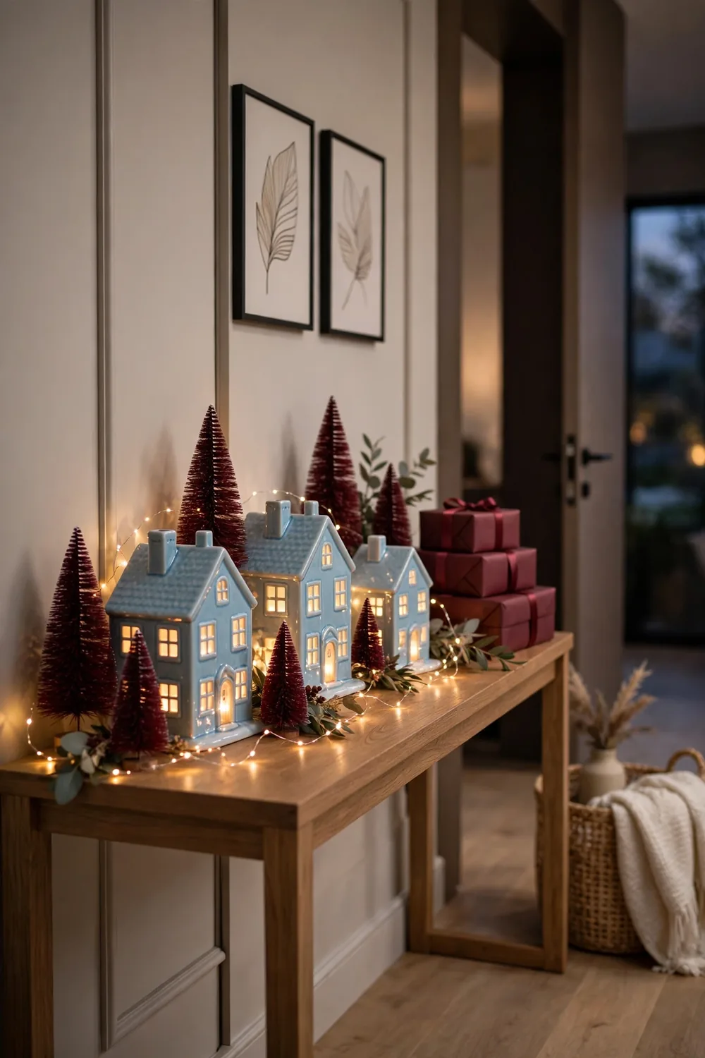 Sky blue ceramic houses with burgundy bottle brush trees vignette Glowing sky blue ceramic houses and burgundy bottle brush trees on a console table