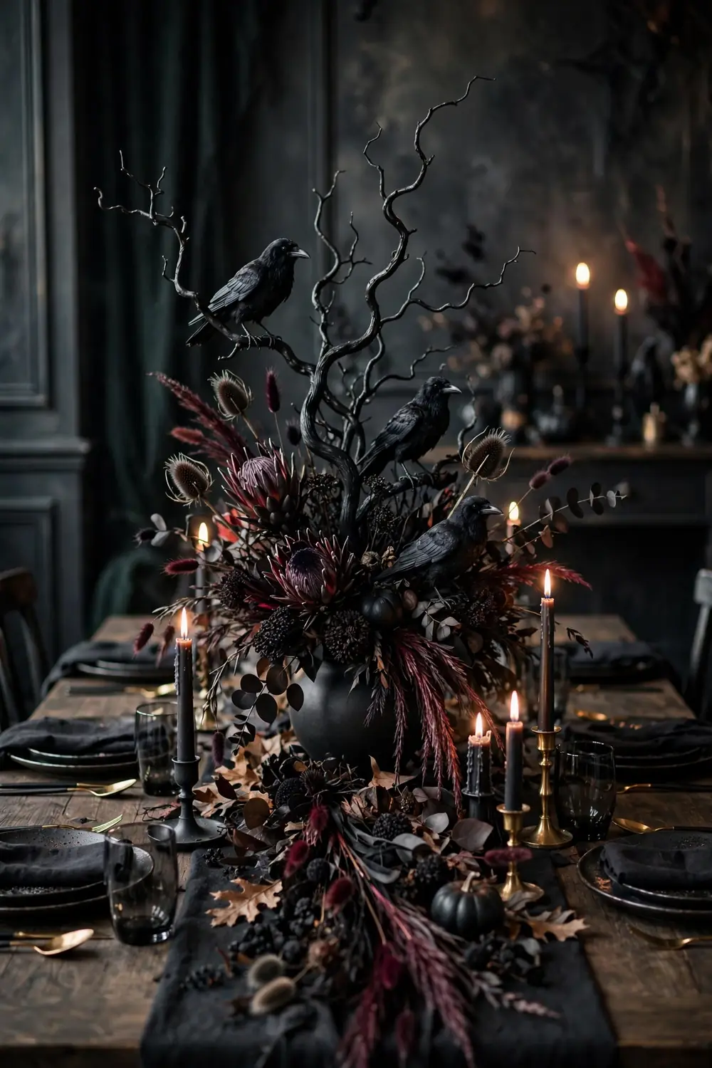Dark Botanical Halloween Centerpiece Black painted branches with faux crows and dried dark florals in a black vase, a gothic halloween table decor idea for the table center