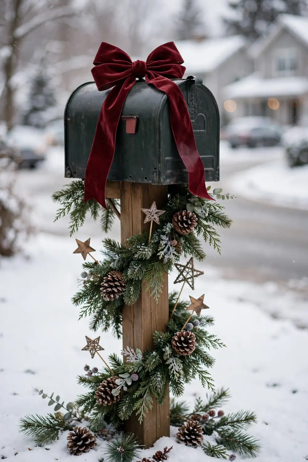 Decorated mailbox with holiday garland and bow Mailbox wrapped in holiday garland with a bow, a charming christmas porch decor idea that extends to the curb