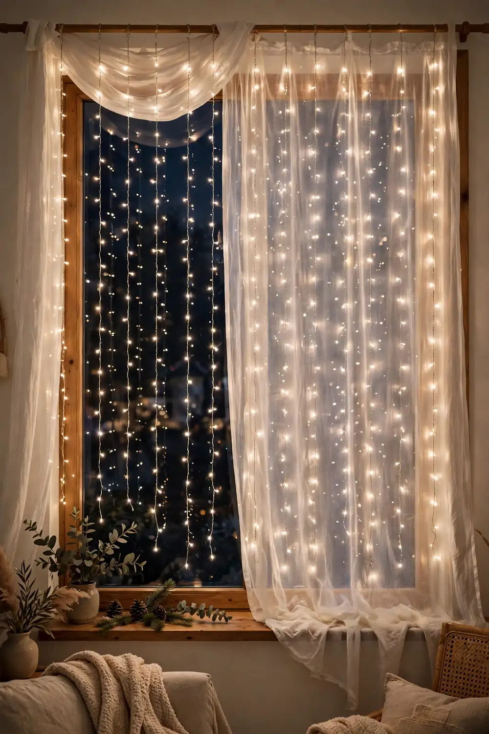 Curtain of warm fairy lights glowing in a Christmas window at night, sparkling christmas window decor ideas