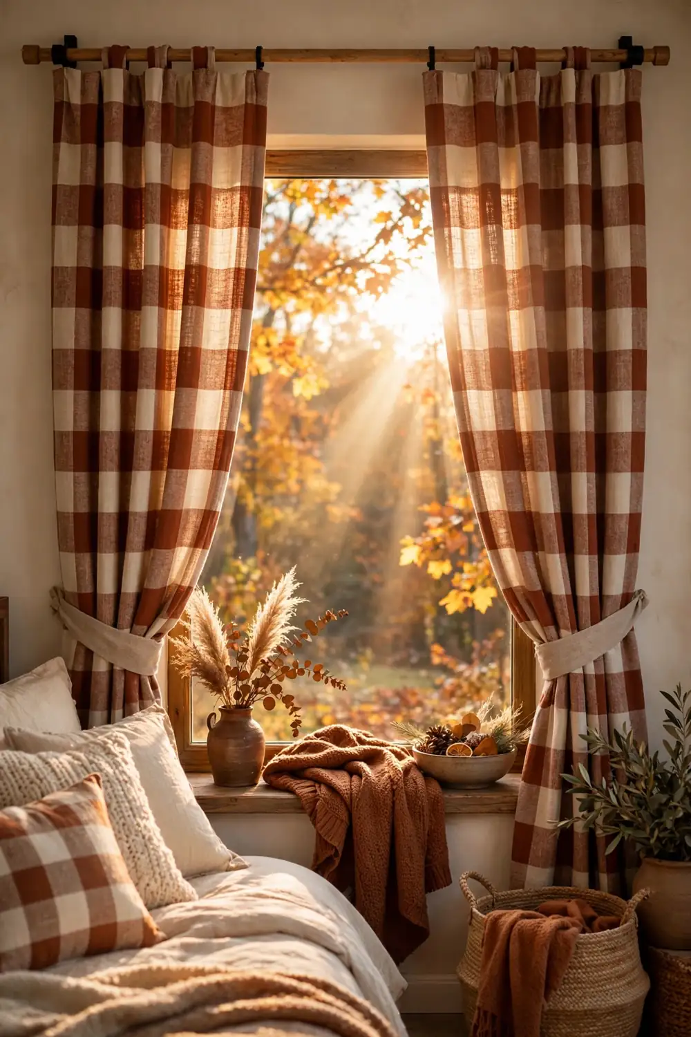 Buffalo Check Plaid Curtains Fall bedroom decor with buffalo check plaid curtains in rust and cream at a sunny window