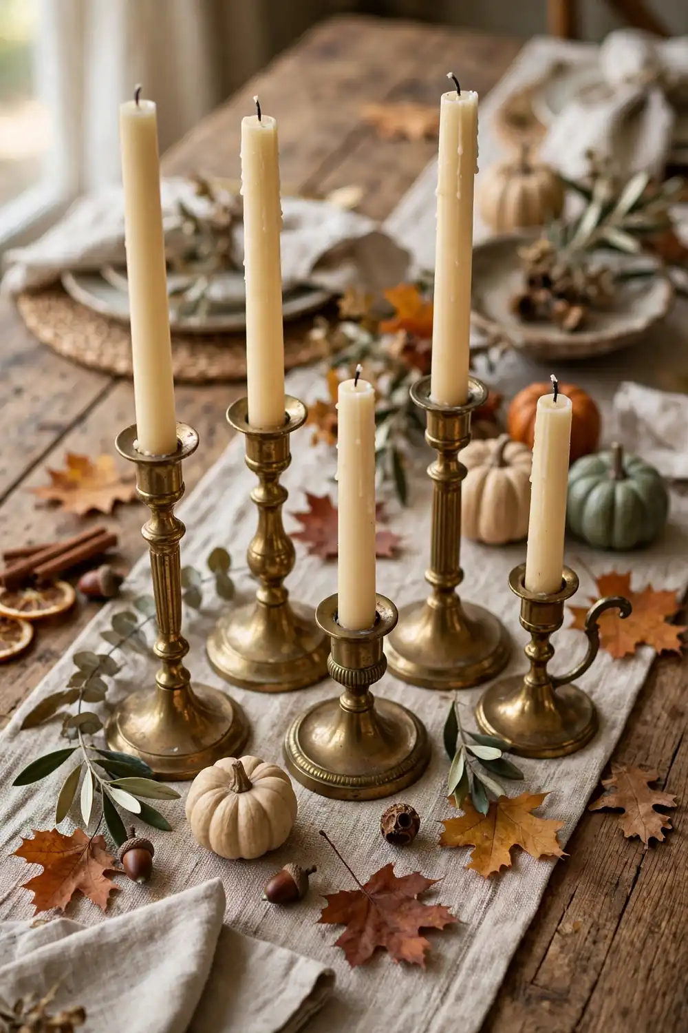 Vintage Brass Candlestick Collection Cozy fall dining room with vintage brass candlesticks and cream tapers on the table