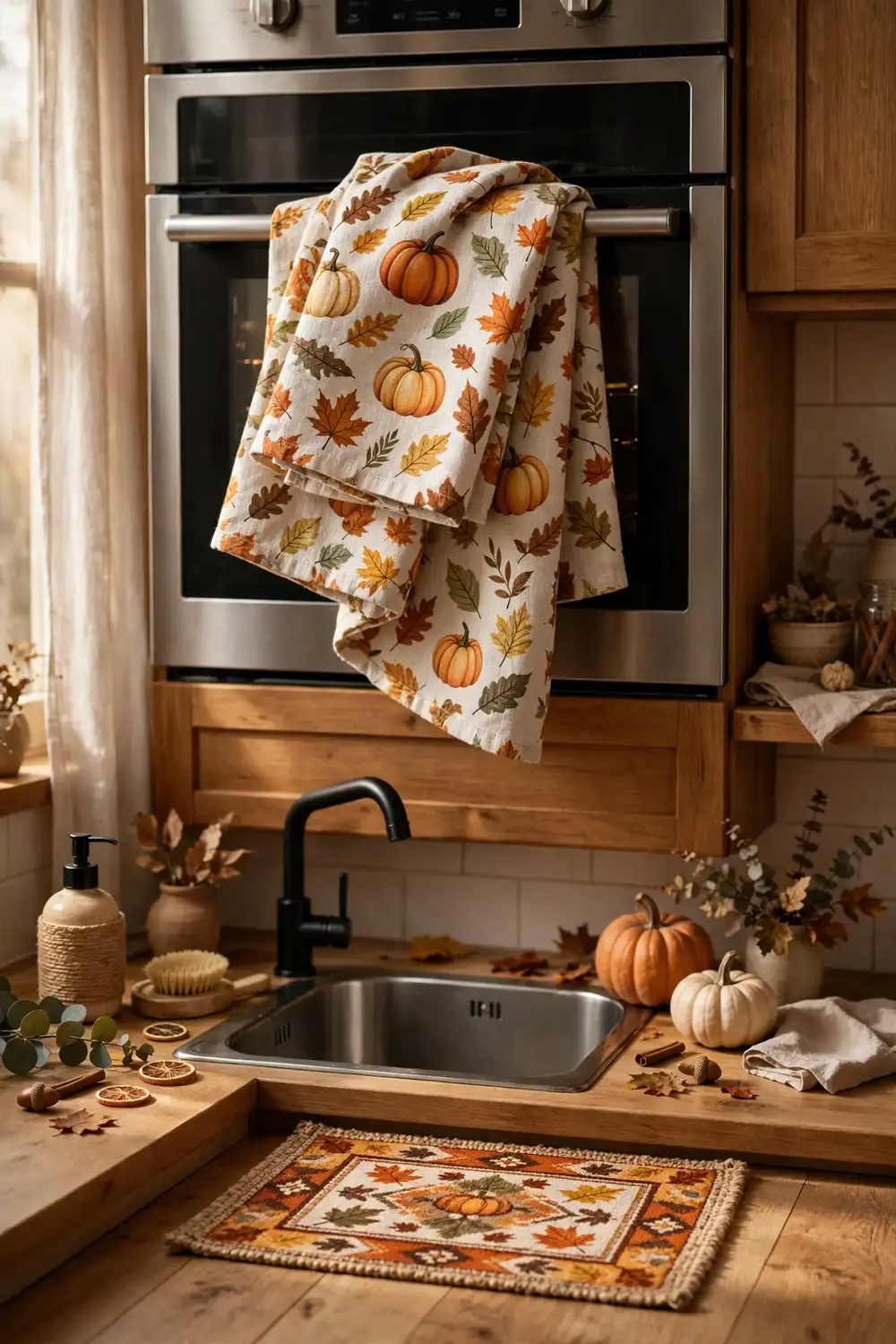 Festive dish towels for Thanksgiving kitchen Thanksgiving kitchen decor ideas with festive pumpkin print dish towels hanging by the kitchen sink