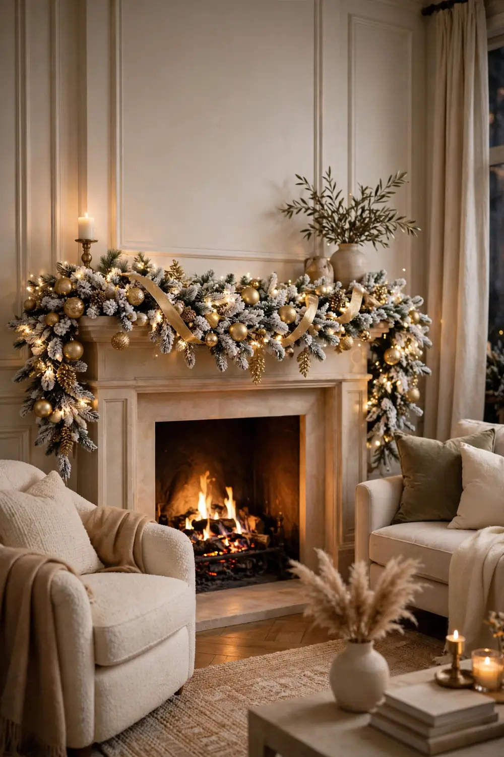 Christmas mantel decor idea with flocked garland and gold accents Flocked garland with gold accents, a snowy glam christmas mantel decor idea
