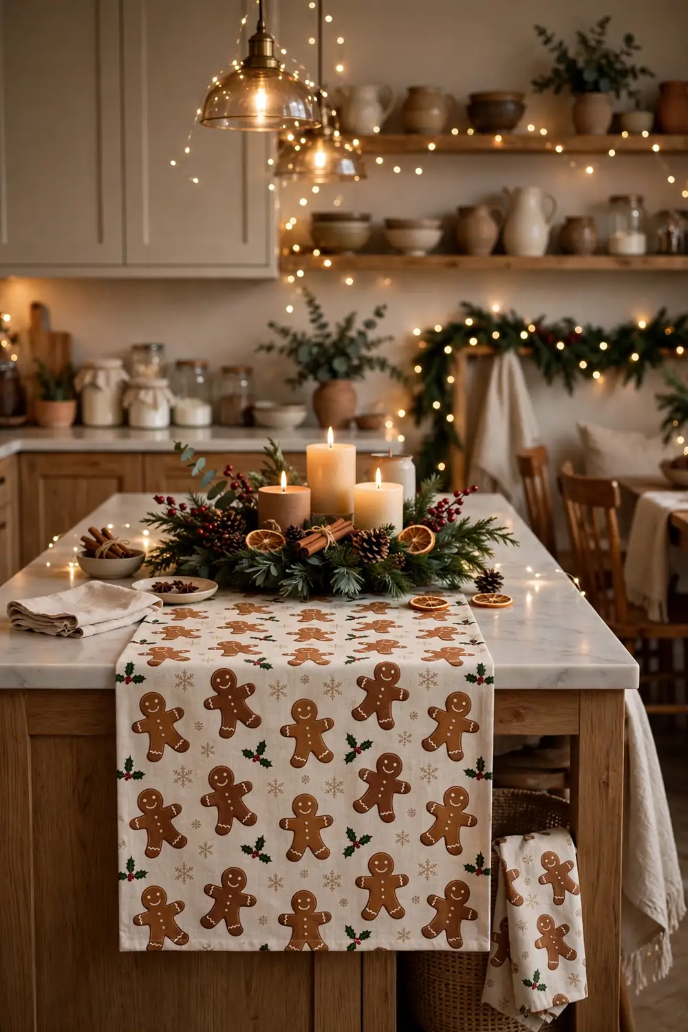 Gingerbread print table runner on the kitchen island Gingerbread Christmas decor ideas with a printed gingerbread table runner on the kitchen island