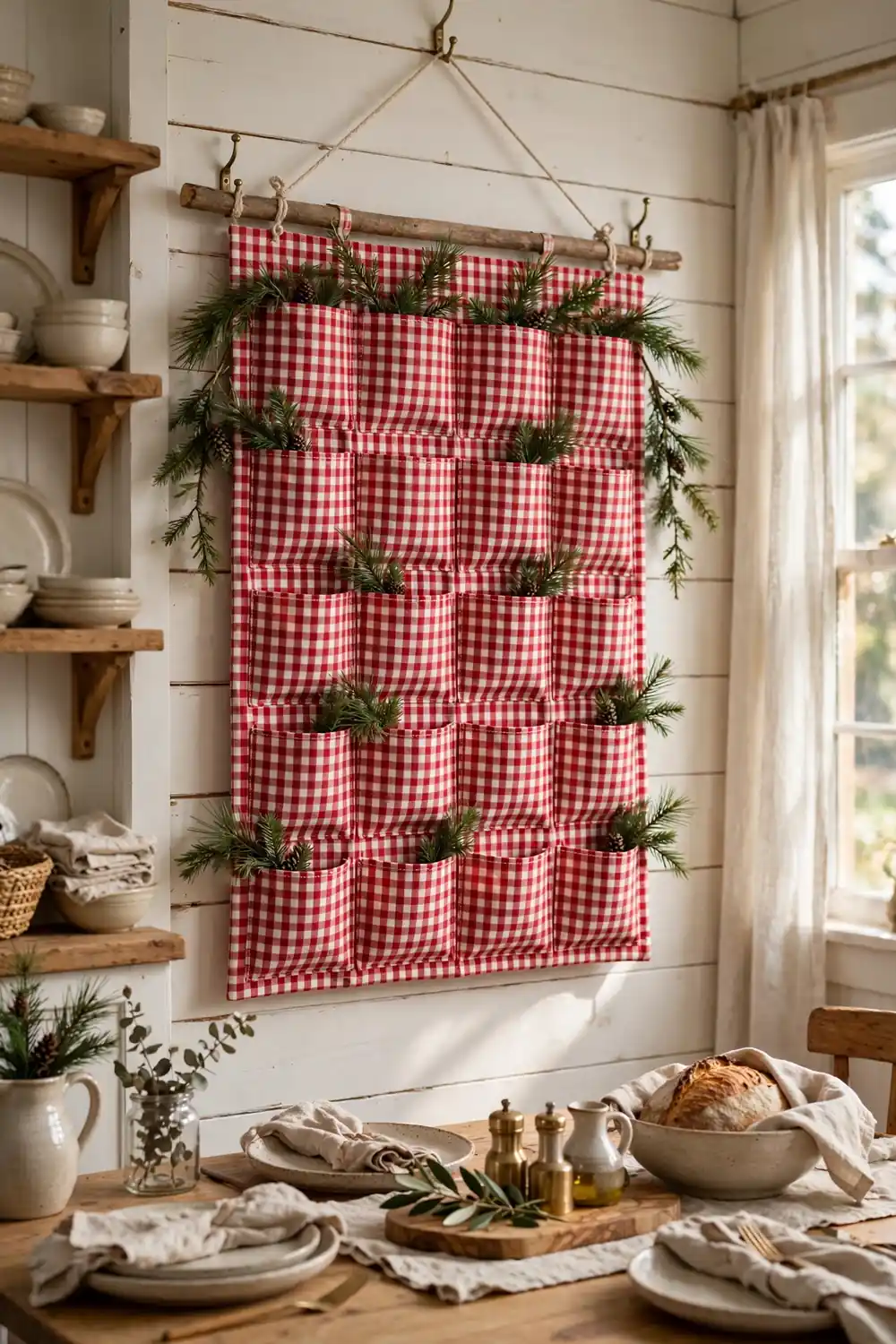 Gingham advent calendar with fabric pockets as gingham Christmas decor