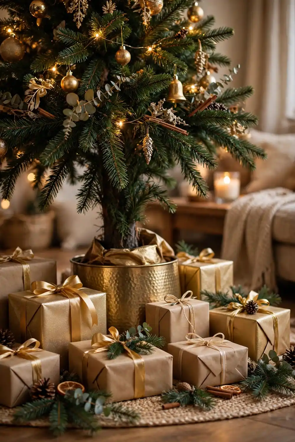 Hammered Gold Christmas Tree Collar Christmas tree base with hammered gold metal tree collar and wrapped presents