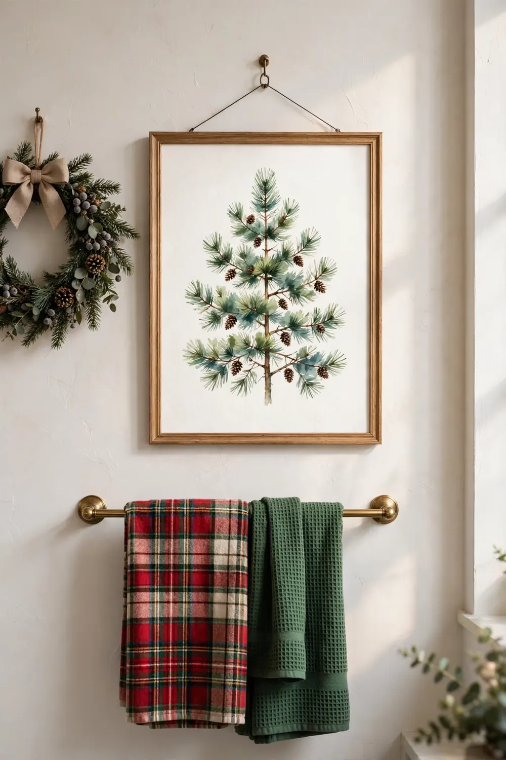 Framed holiday art print of a winter botanical scene hanging in a bathroom