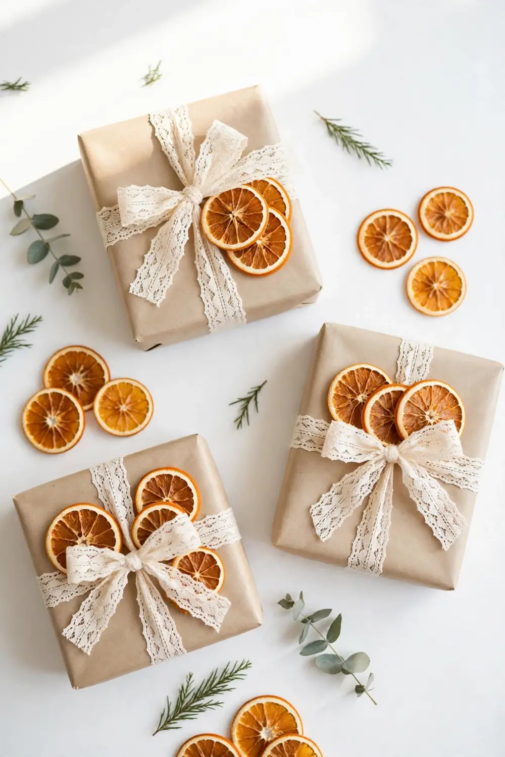 Christmas gifts wrapped with lace ribbon bows and dried orange slices