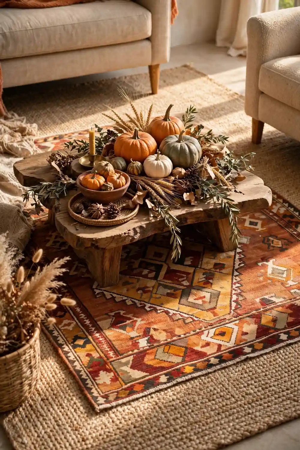 Layered Harvest Tone Rug Rust kilim rug layered over a neutral rug in a living room seating area, a stylish thanksgiving living room decor idea