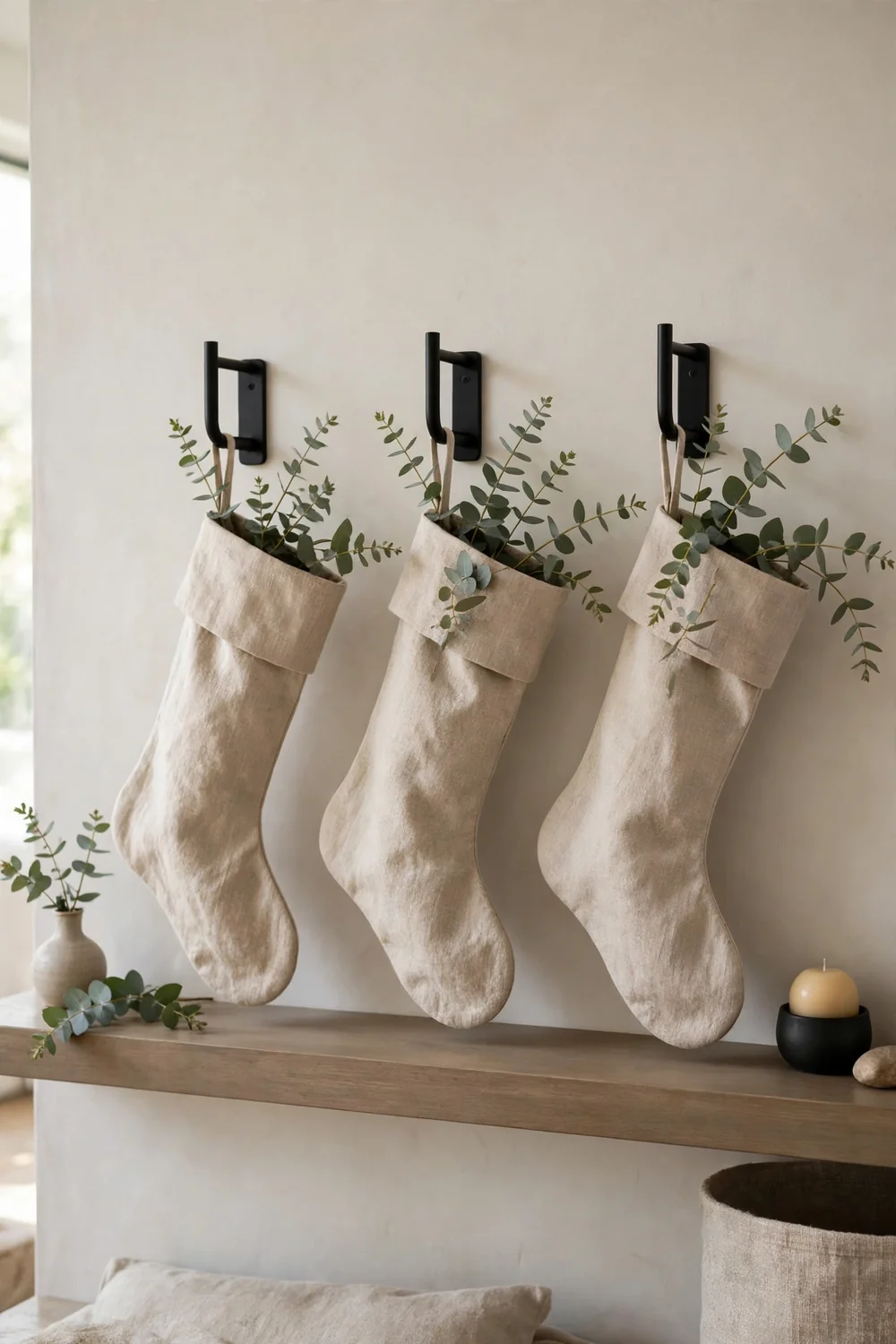 Minimalist Linen Christmas Stocking Decor Ideas Minimalist linen christmas stocking decor ideas in natural tones on a modern mantel