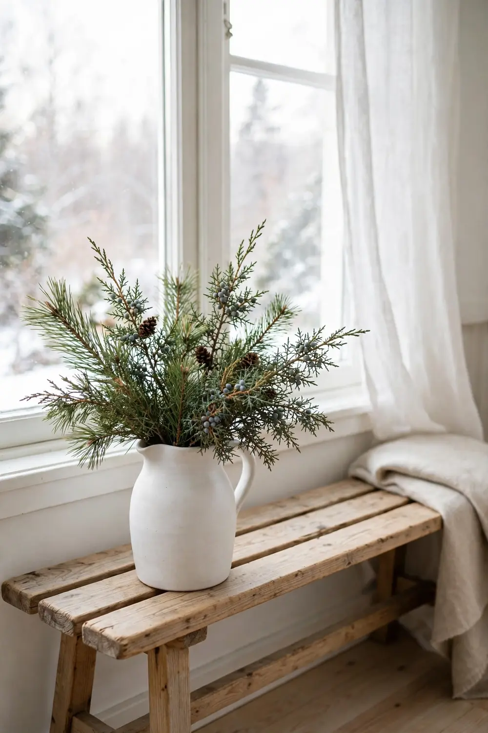 Natural greenery in a stoneware jug Juniper and pine branches in a stoneware jug, simple Nordic Christmas greenery