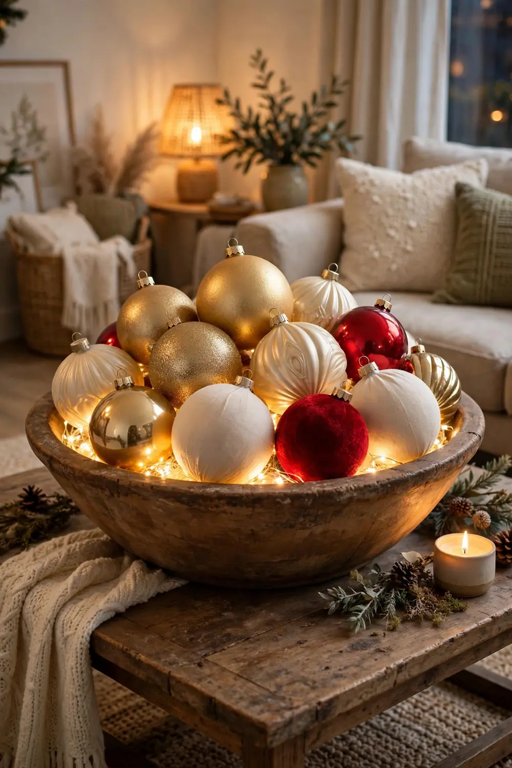 Dough bowl filled with oversized Christmas ornaments