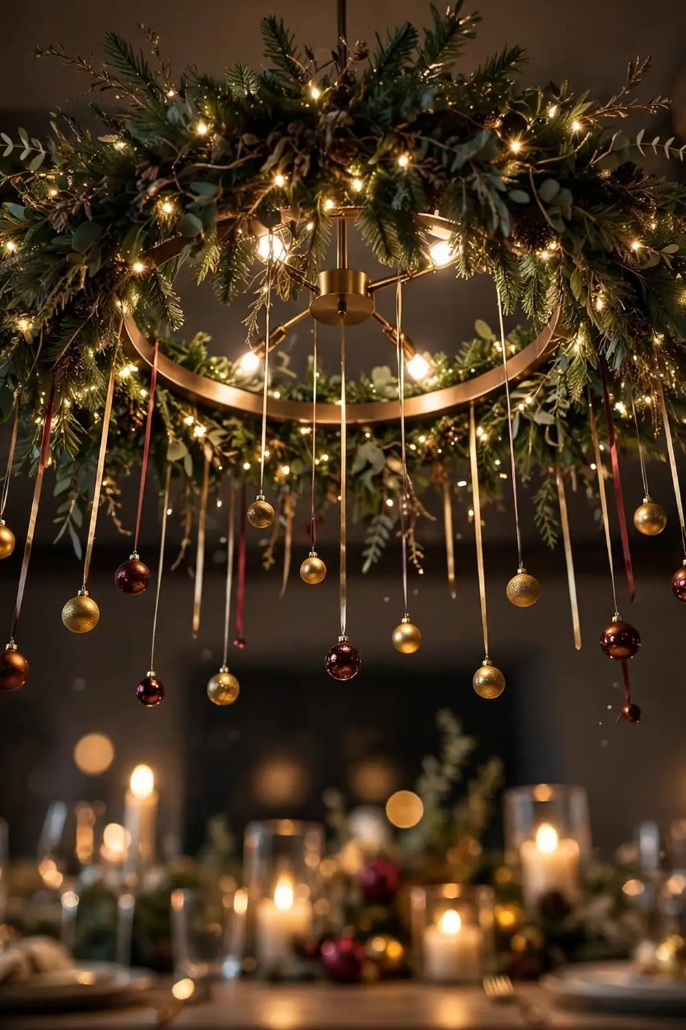 Pendant light draped with garland and fairy lights above the christmas table Pendant light draped with christmas garland and fairy lights over the dining table, a dramatic christmas dining room decor idea