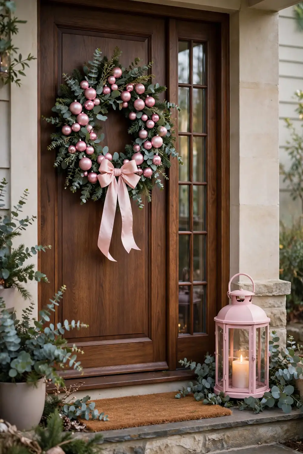 Pink christmas wreath with ornaments and satin bow hanging on a front door