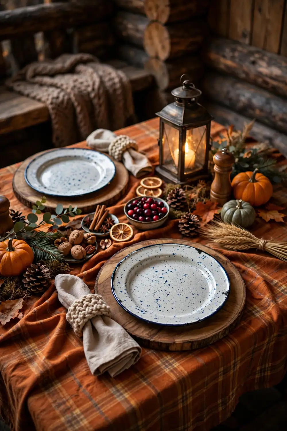 Cozy cabin Thanksgiving table with plaid tablecloth and knit napkin rings