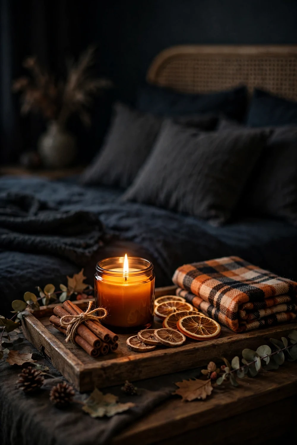 Pumpkin spice scent corner with candle and cinnamon Pumpkin spice candle and cinnamon scent corner, a sensory halloween bedroom decor idea