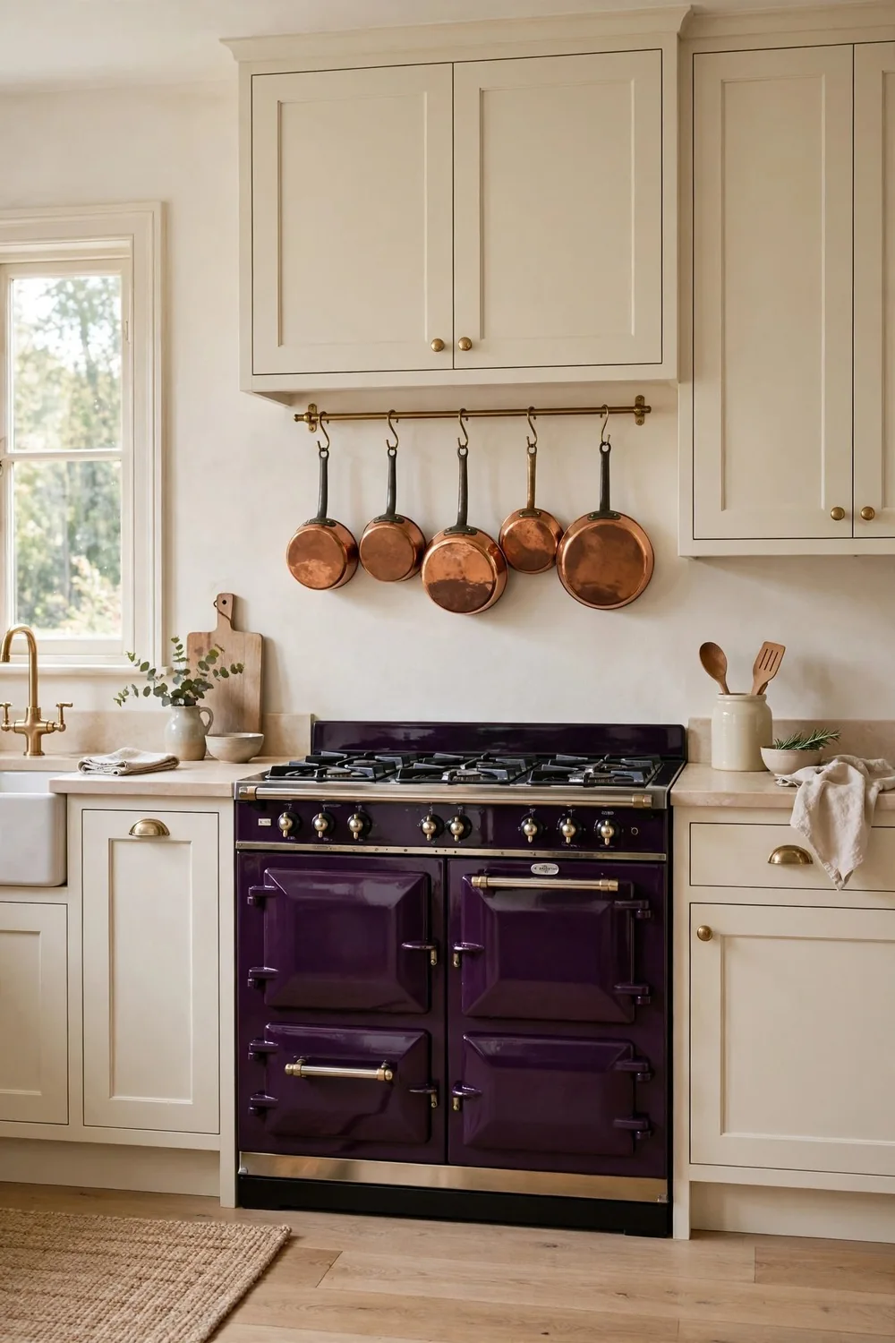 Deep purple range cooker as kitchen centerpiece